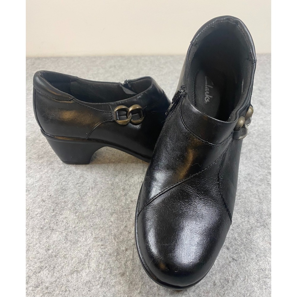 Clarks Womens Black Leather Ankle Booties Side Zip Block Heel 7M